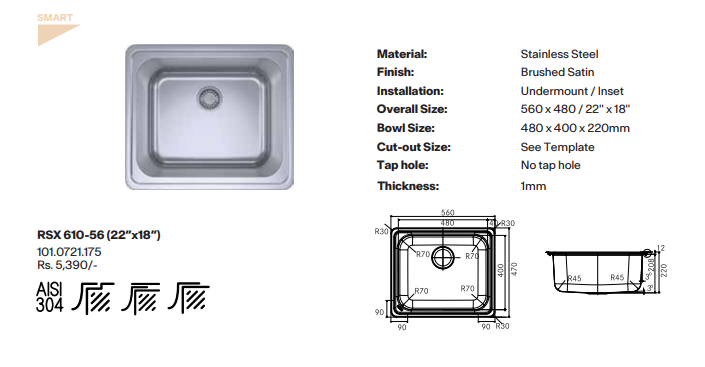 Franke Artisan SS Kitchen Sink - RSX 610-56 - 22x18