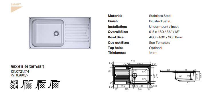 Franke Artisan SS Kitchen Sink- RSX 611-91 - 36"X18"