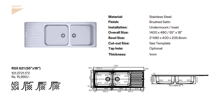 Franke Artisan SS Kitchen Sink- RSX 621- 55"X 18"