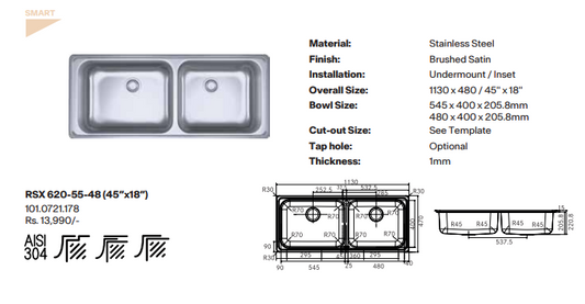 Franke Artisan SS Kitchen Sink- RSX 620-55-48 - 45" X 18"