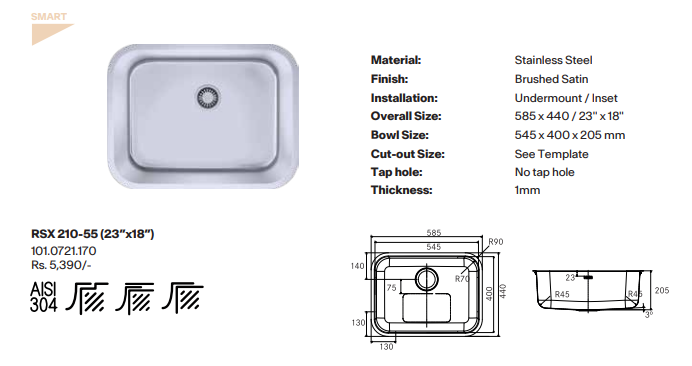 Franke Artisan SS Kitchen Sink- RSX 210-55 - 23"x18"