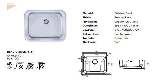 Franke Artisan SS Kitchen Sink- RSX 210-55 - 23"x18"