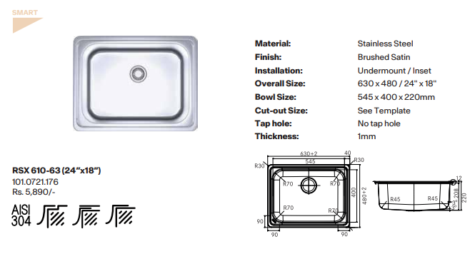 Franke Artisan SS Kitchen Sink- RSX-610-63 - 24"x18"
